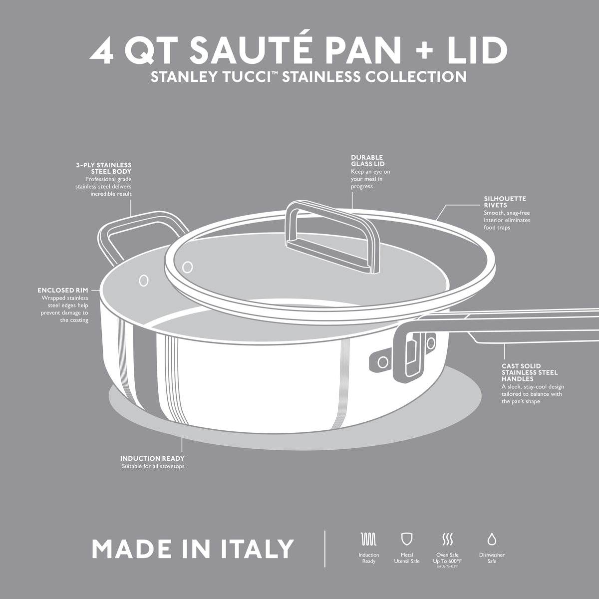 Stanley Tucci™ Uncoated Stainless Steel 4-Quart Sauté Pan with Lid - Image 4