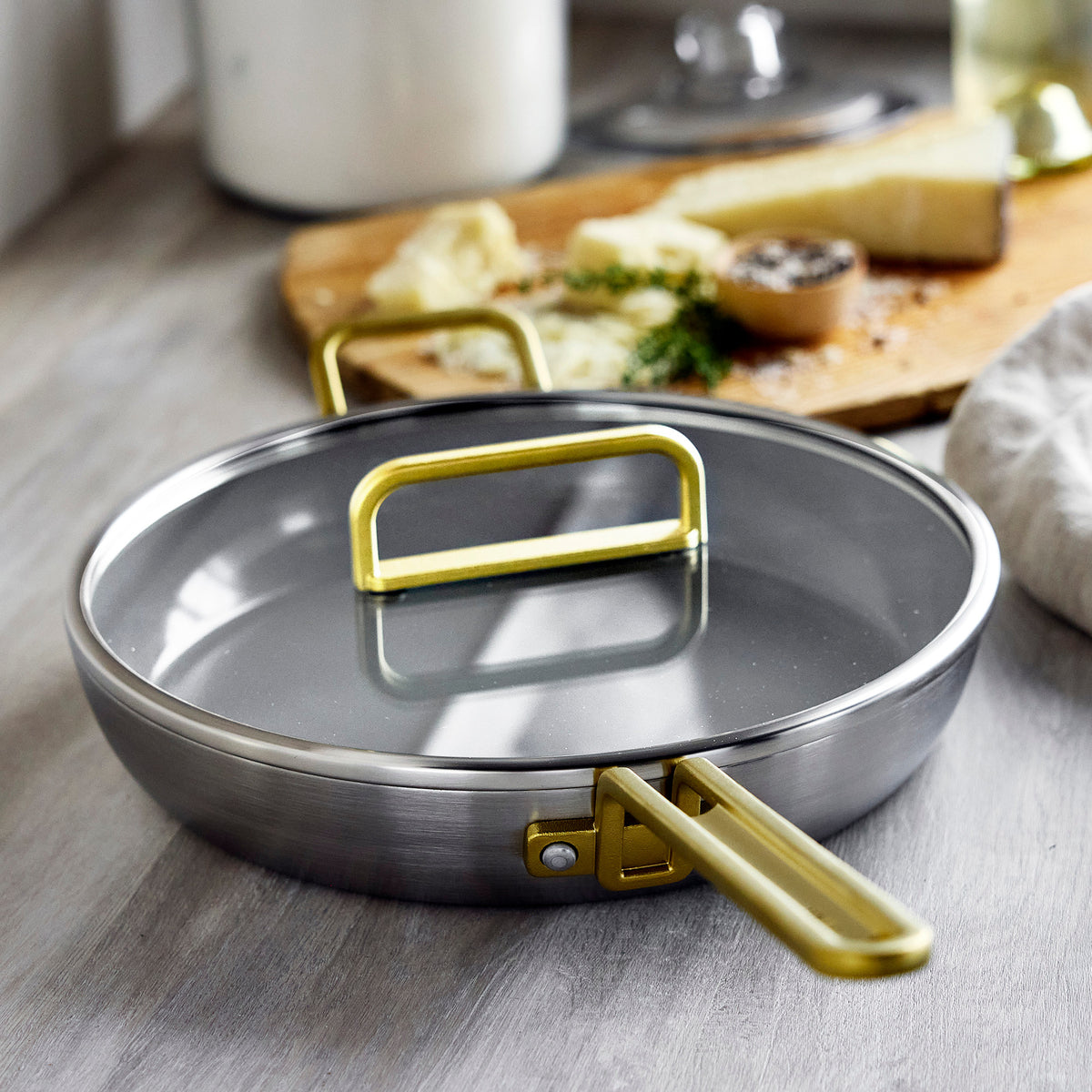Stanley Tucci™ Stainless Steel Ceramic Nonstick 12 Frypan with Lid | Champagne Handle - Image 3