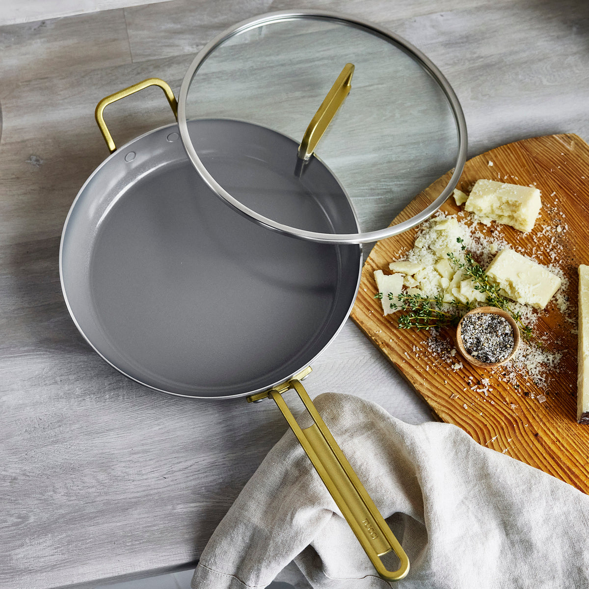 Stanley Tucci™ Stainless Steel Ceramic Nonstick 12 Frypan with Lid | Champagne Handle - Image 4