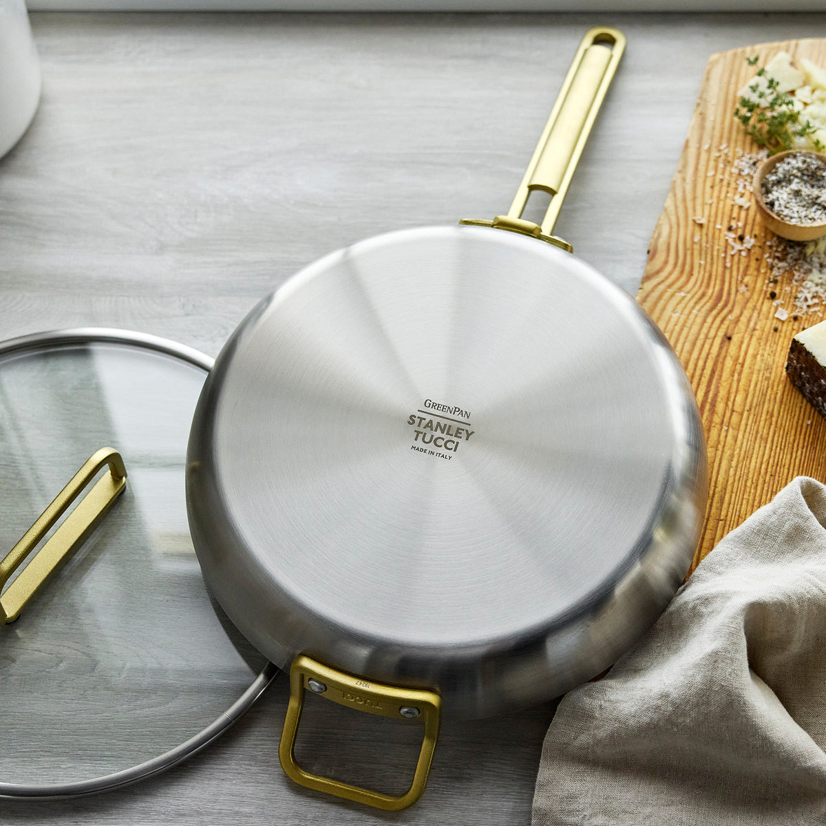 Stanley Tucci™ Stainless Steel Ceramic Nonstick 12 Frypan with Lid | Champagne Handle - Image 6