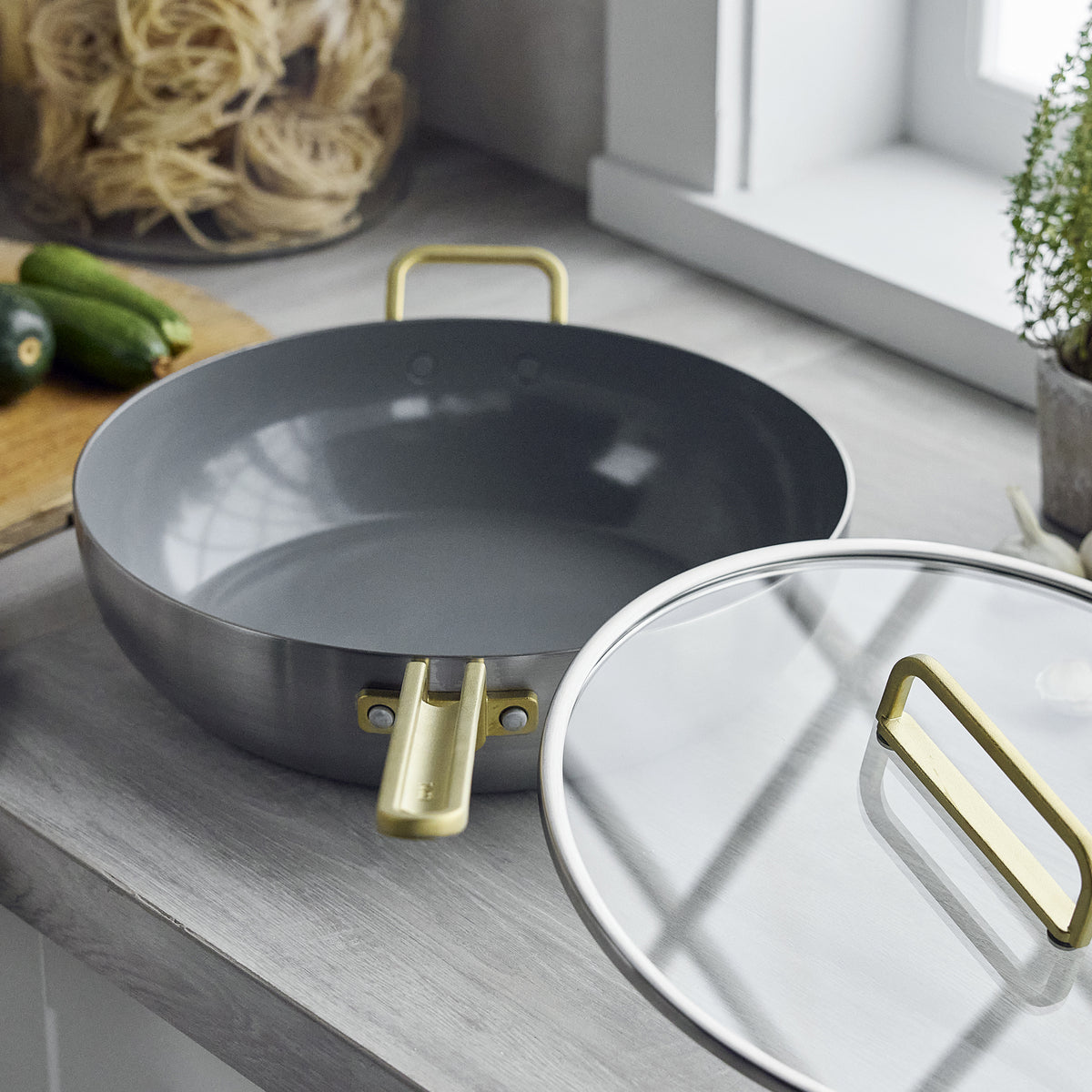Stanley Tucci™ Stainless Steel Ceramic Nonstick 6.5-Quart Essential Stanley Pan with Lid | Champagne Handle - Image 5