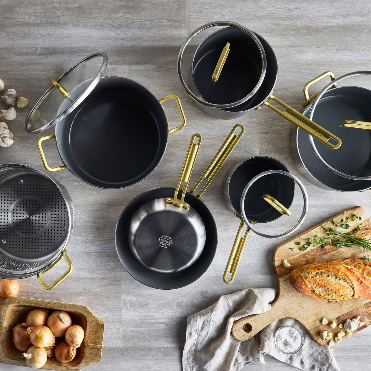 Stanley Tucci™ Stainless Steel Ceramic Nonstick 11-Piece Cookware Set | Champagne Handles - Image 11