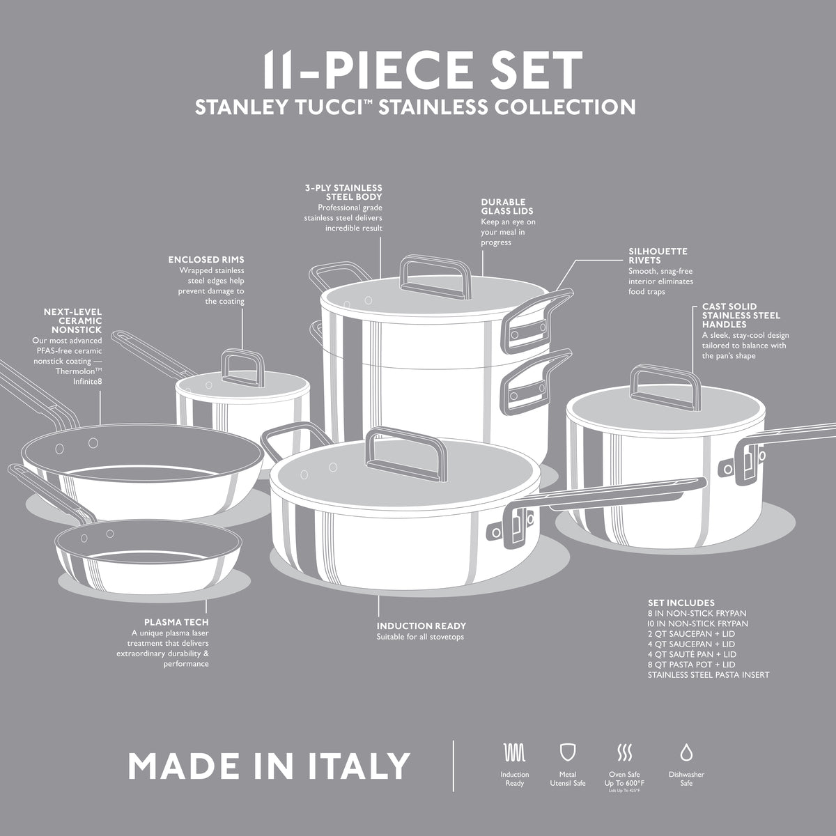 Stanley Tucci™ Mixed Material Stainless Steel 11-Piece Cookware Set - Image 12