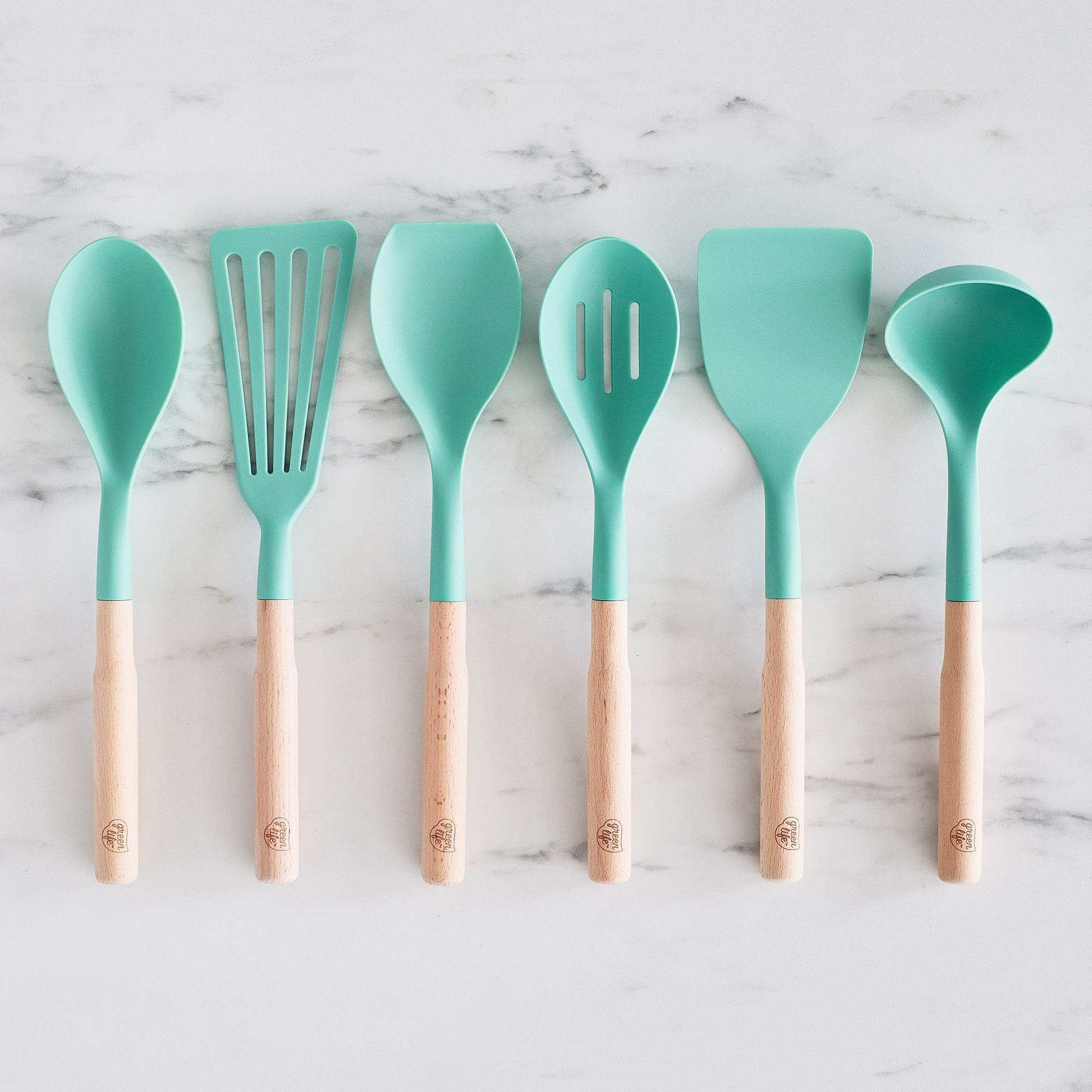 GreenLife Nylon & Wood Cooking Utensils with Ceramic Crock. 7-Piece Set | Turquoise - Image 3