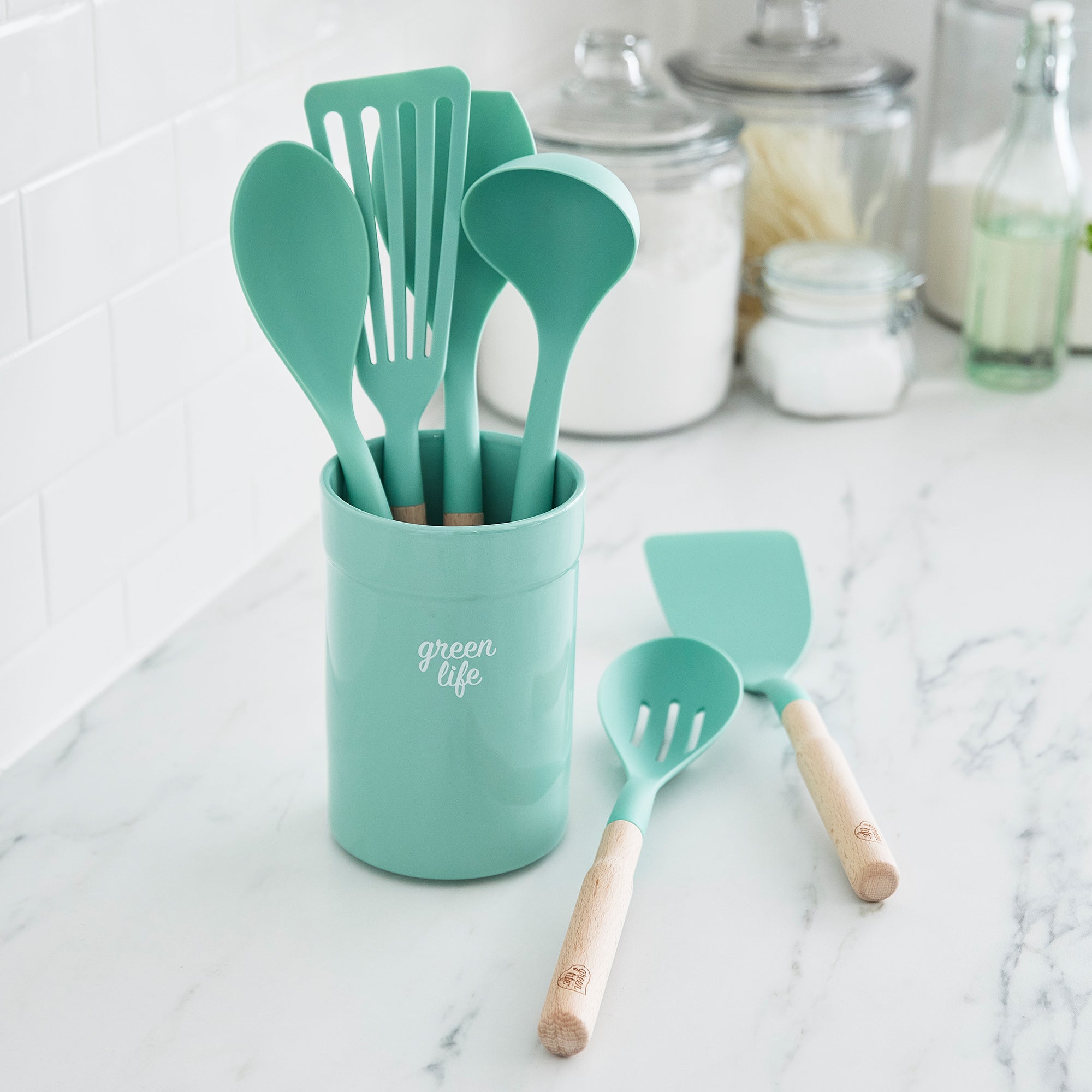 GreenLife Nylon & Wood Cooking Utensils with Ceramic Crock. 7-Piece Set | Turquoise - Image 2