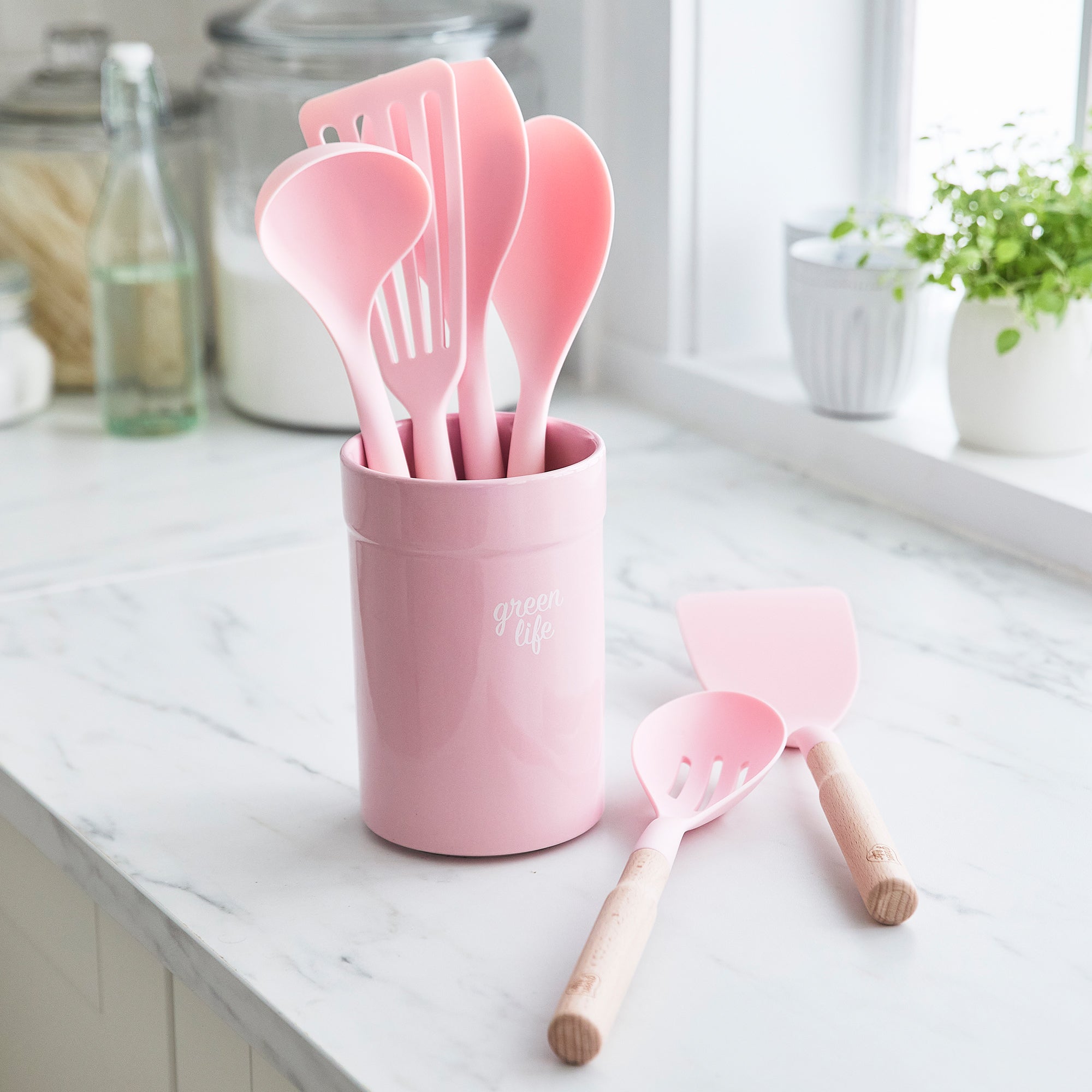 GreenLife Nylon & Wood Cooking Utensils with Ceramic Crock. 7-Piece Set | Pink - Image 2