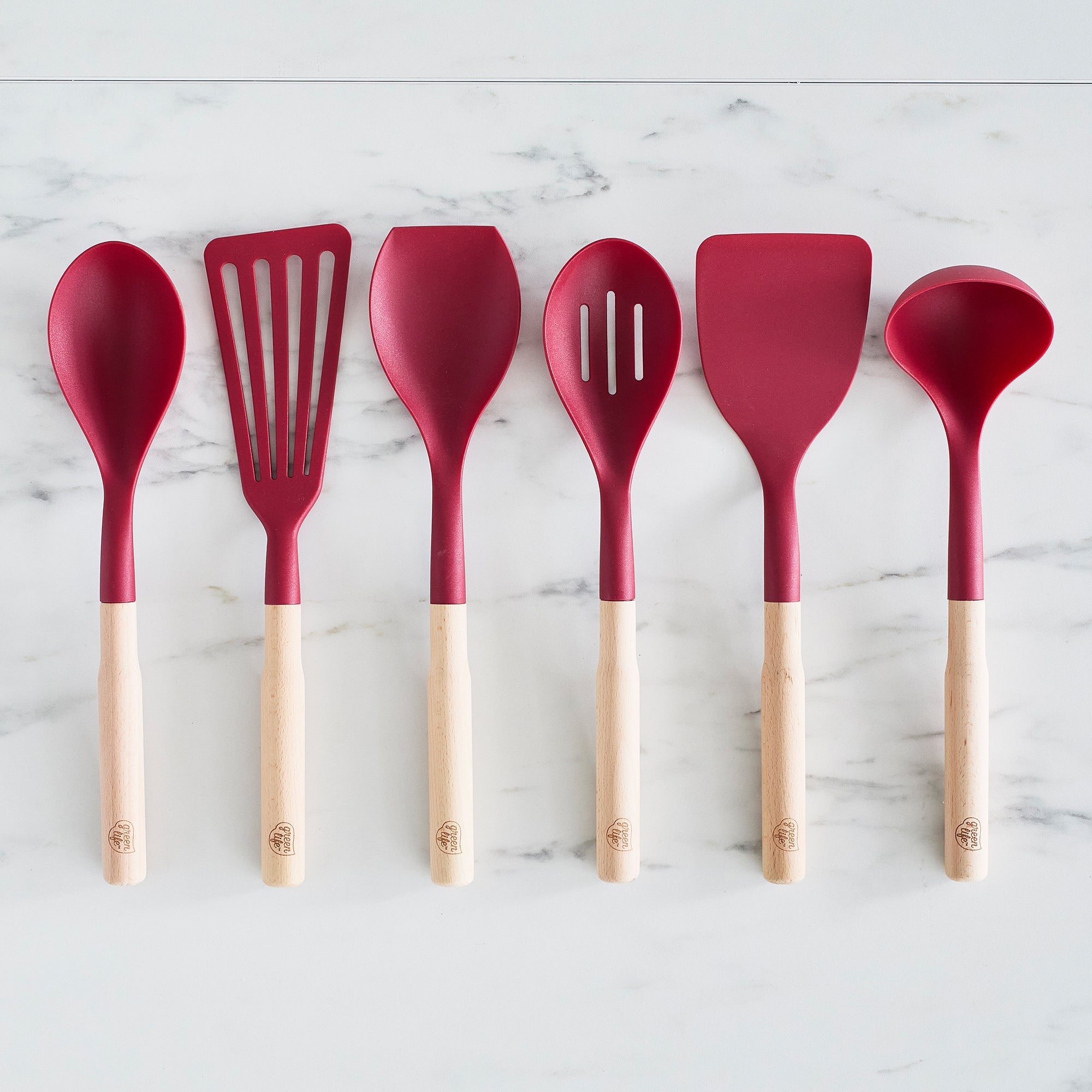 GreenLife Nylon & Wood Cooking Utensils with Ceramic Crock. 7-Piece Set | Red - Image 3