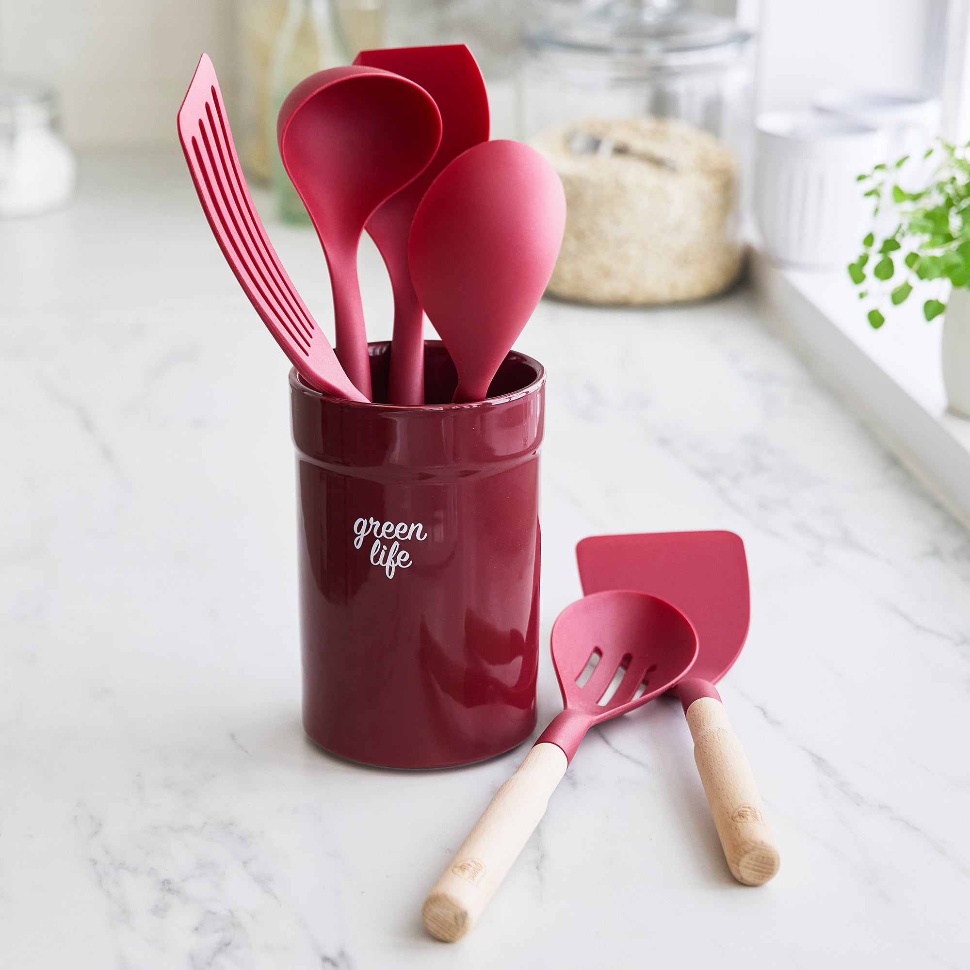 GreenLife Nylon & Wood Cooking Utensils with Ceramic Crock. 7-Piece Set | Red - Image 2