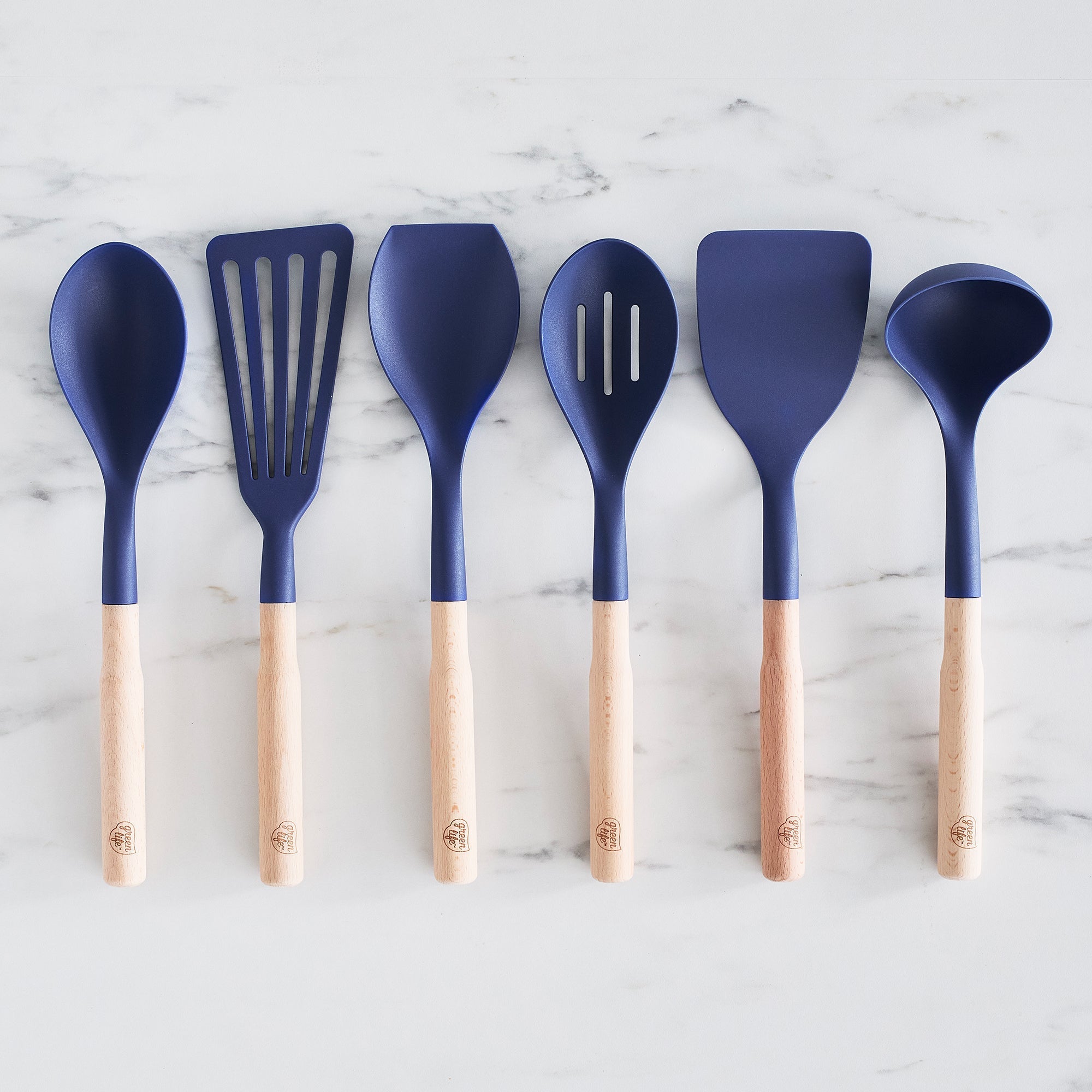 GreenLife Nylon & Wood Cooking Utensils with Ceramic Crock. 7-Piece Set | Blue - Image 3