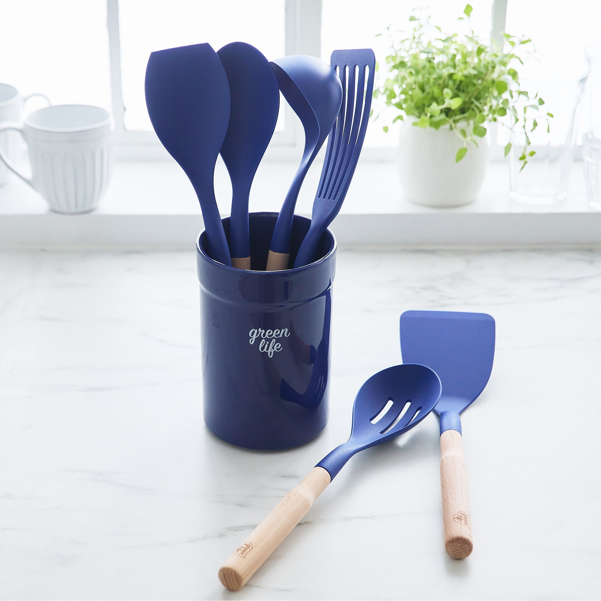 GreenLife Nylon & Wood Cooking Utensils with Ceramic Crock. 7-Piece Set | Blue - Image 2