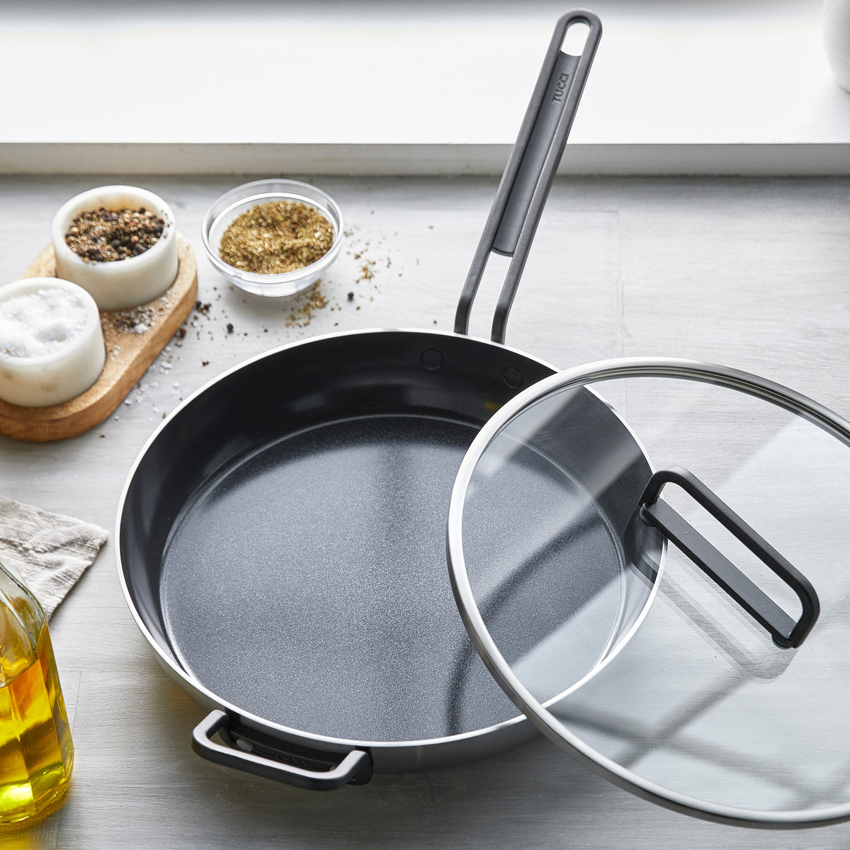 Stanley Tucci™ Stainless Steel Ceramic Nonstick 12 Frypan with Lid | Black Handle - Image 7