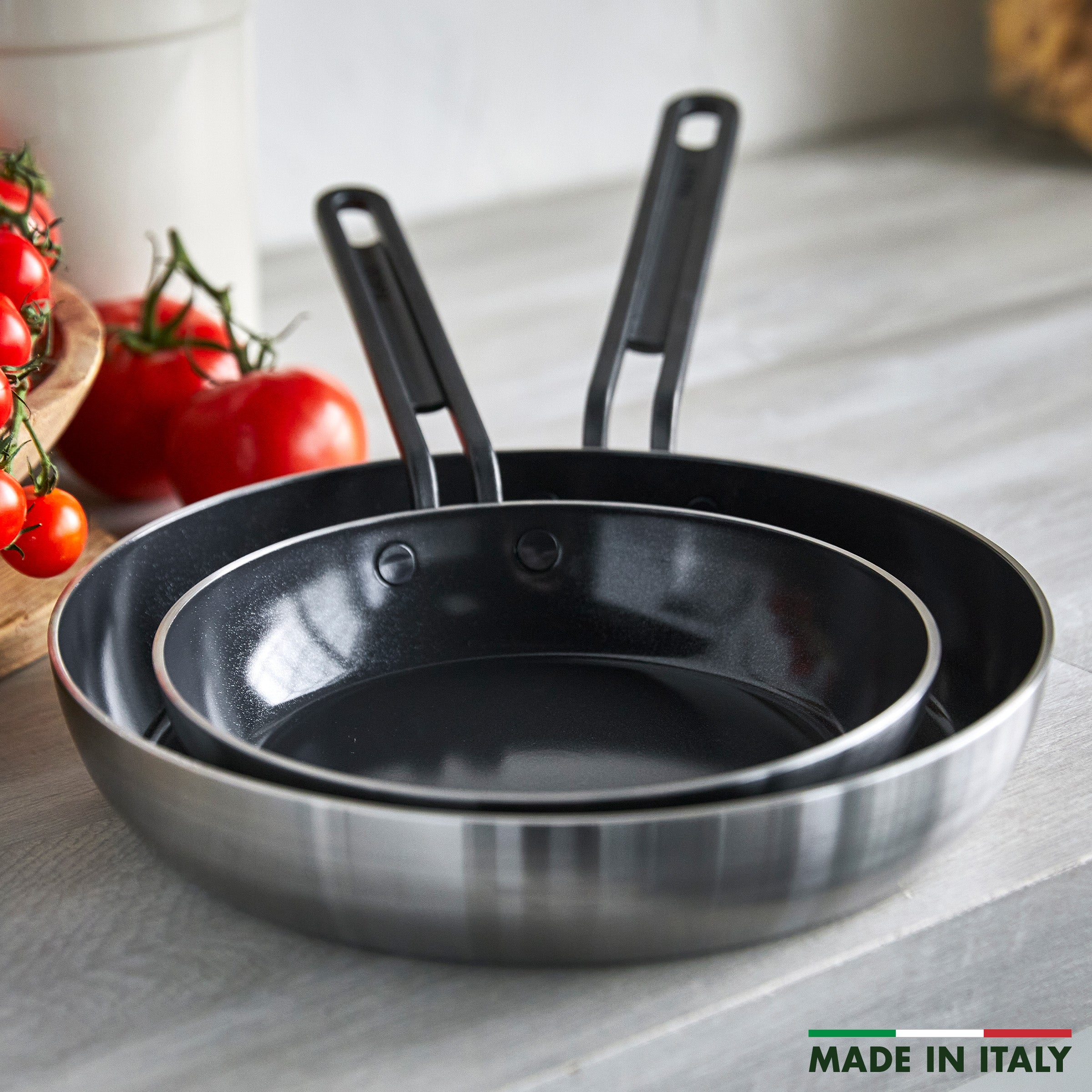Stanley Tucci™ Stainless Steel Ceramic Nonstick 8 & 10 Frypan Set | Black Handles - Image 3
