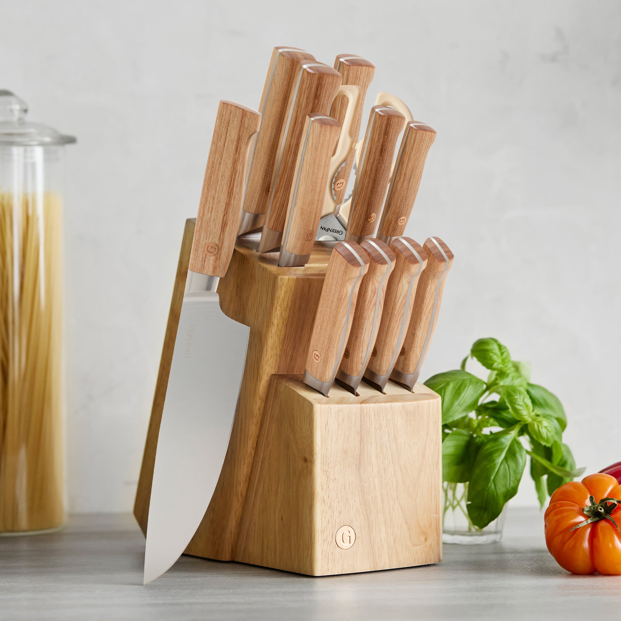 Elite Cutlery 13-Piece Knife Block Set with Light-Wood Handles - Image 2