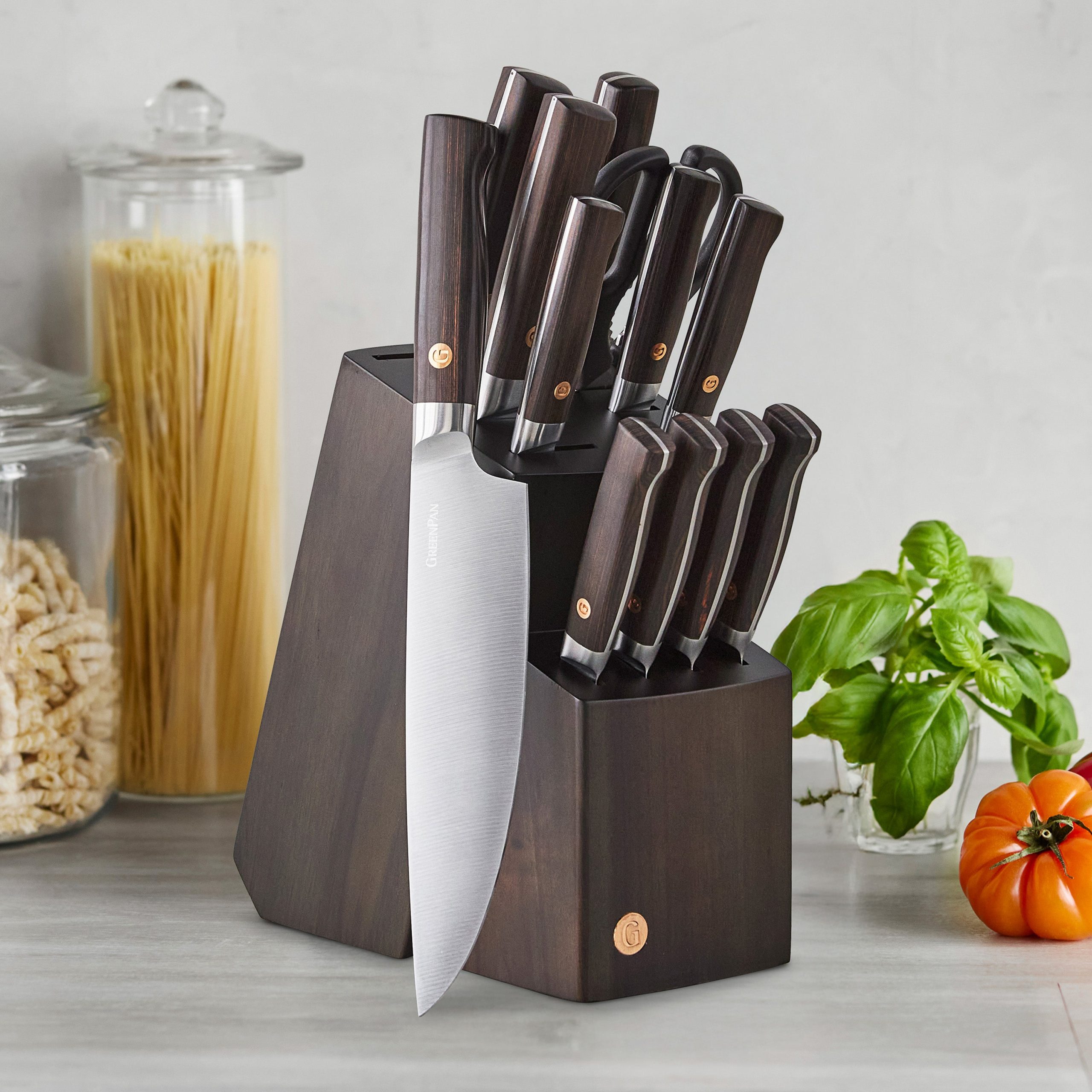 Elite Cutlery 13-Piece Knife Block Set with Dark-Wood Handles - Image 2