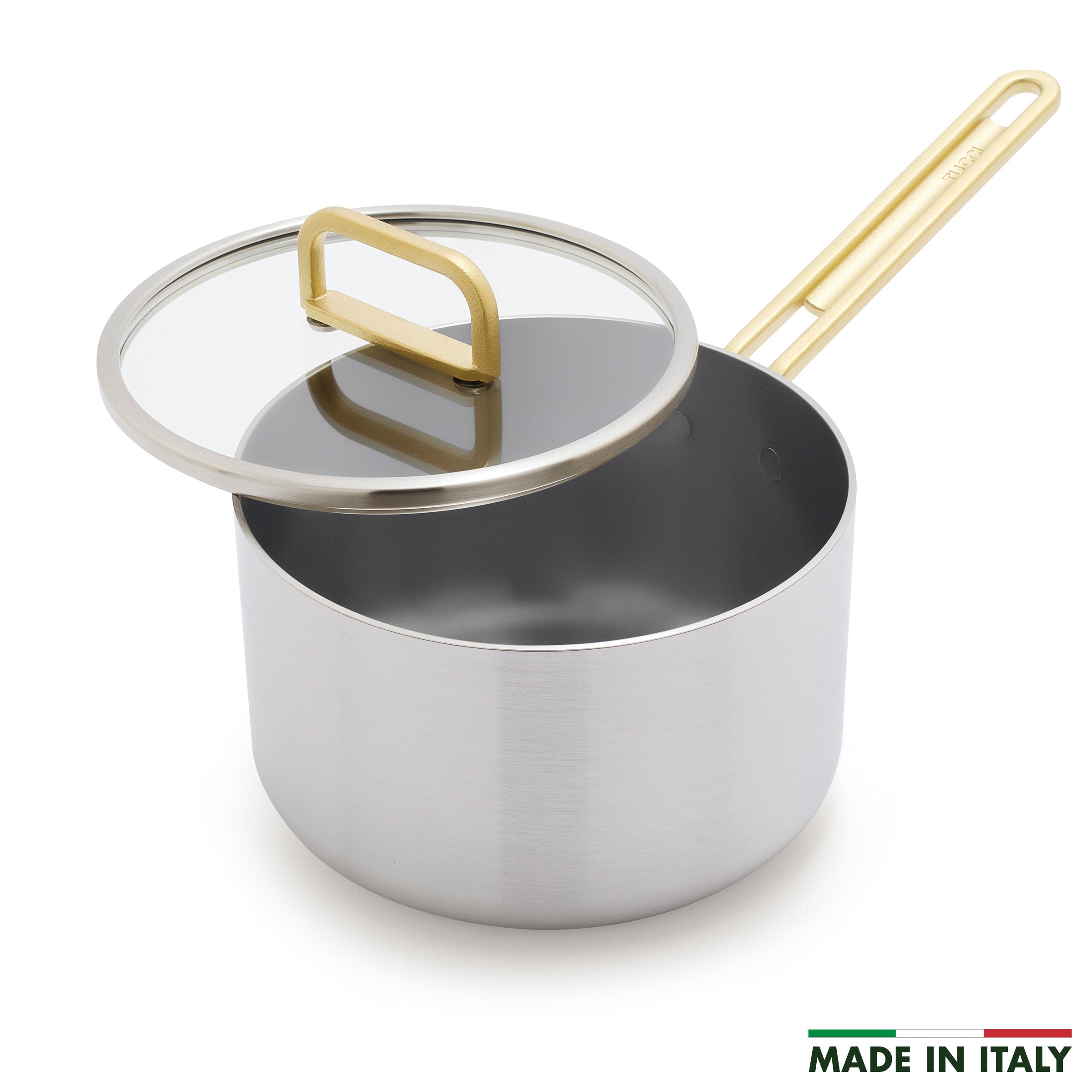 Stanley Tucci™ Stainless Steel Ceramic Nonstick 4-Quart Saucepan with Lid | Champagne Handles