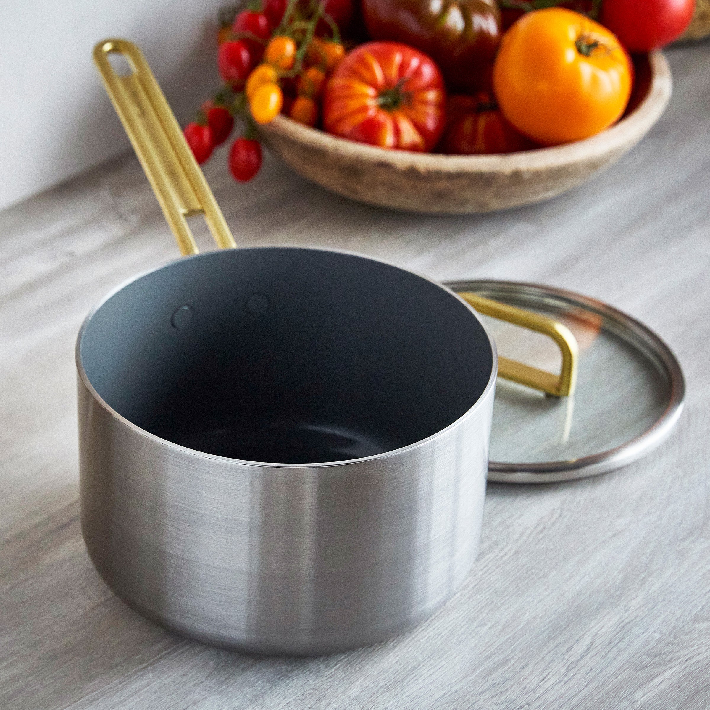 Stanley Tucci™ Stainless Steel Ceramic Nonstick 4-Quart Saucepan with Lid | Champagne Handles - Image 4