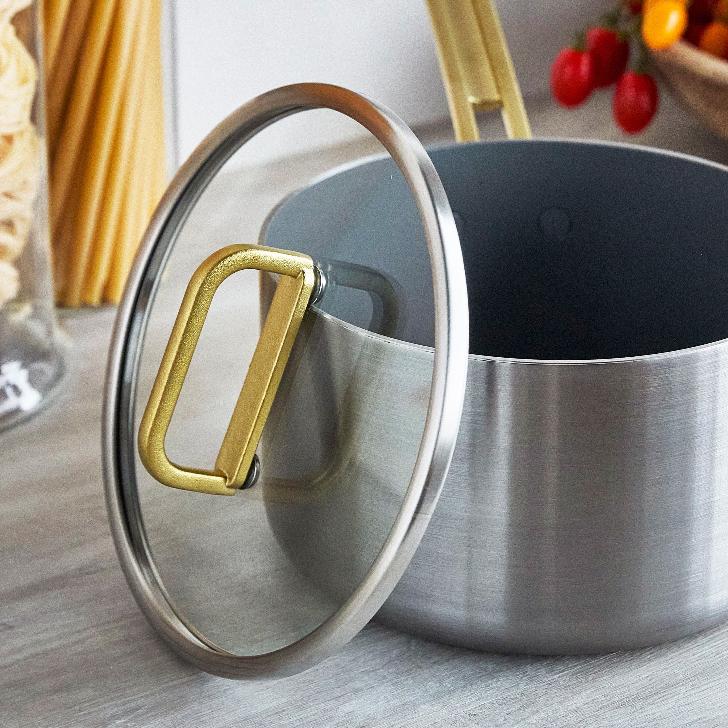 Stanley Tucci™ Stainless Steel Ceramic Nonstick 4-Quart Saucepan with Lid | Champagne Handles - Image 8