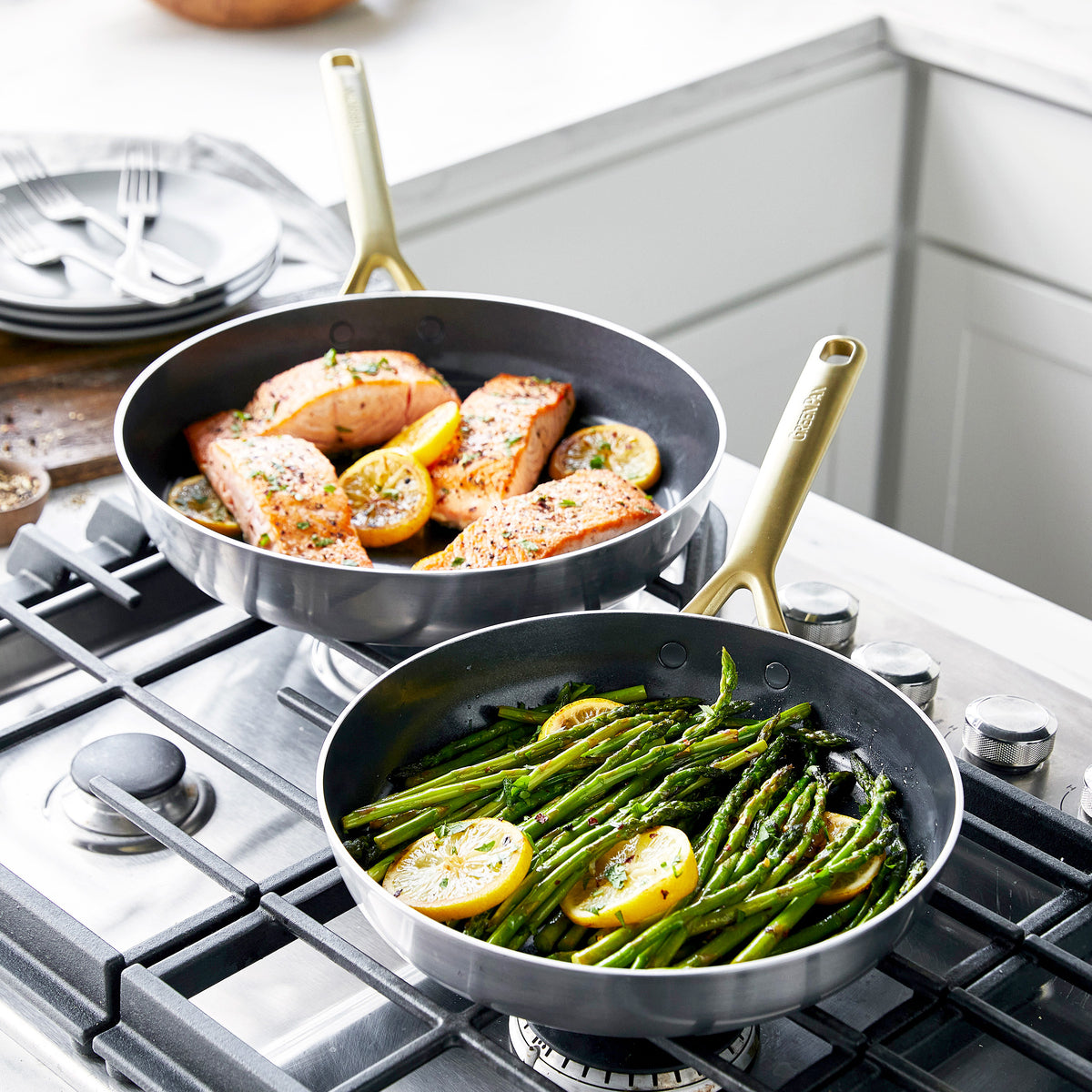 GP5 Stainless Steel 10 and 12 Frypan Set | Champagne Handles - Image 3