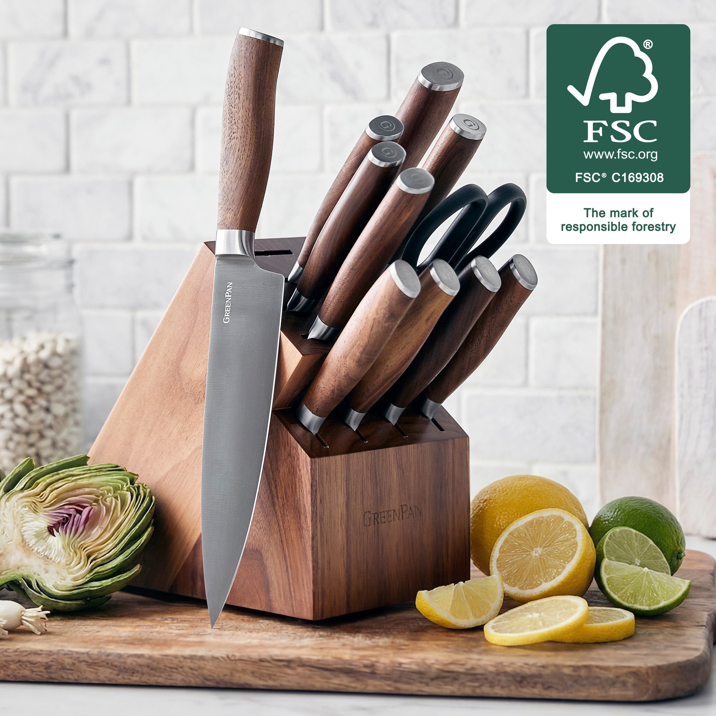 Premiere Titanium Cutlery 12-Piece Knife Block Set with Walnut Handles - Image 2