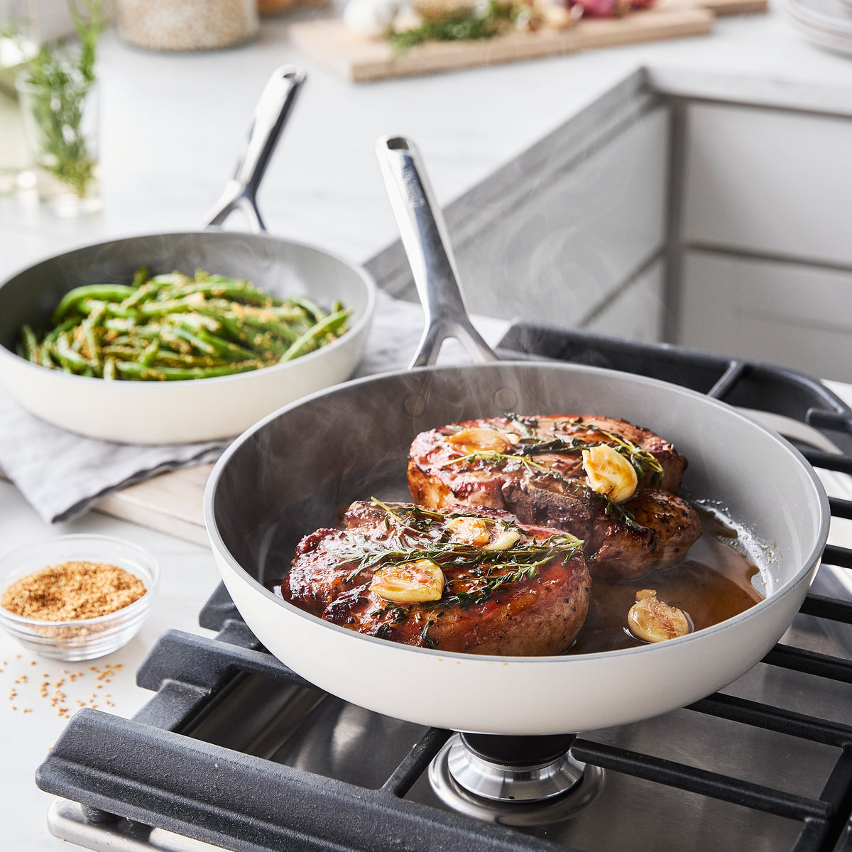 GP5 Colors Ceramic Nonstick 9.5 and 11 Frypan Set with Mirror Handles | Cloud Cream - Image 4