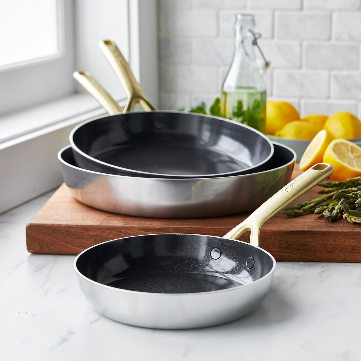 GP5 Stainless Steel 8. 10 and 12 Frypan Set | Champagne Handles - Image 2