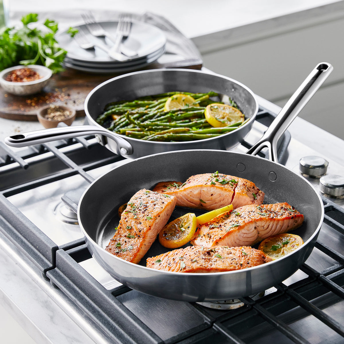 GP5 Stainless Steel 10 and 12 Frypan Set | Mirror Handles - Image 3