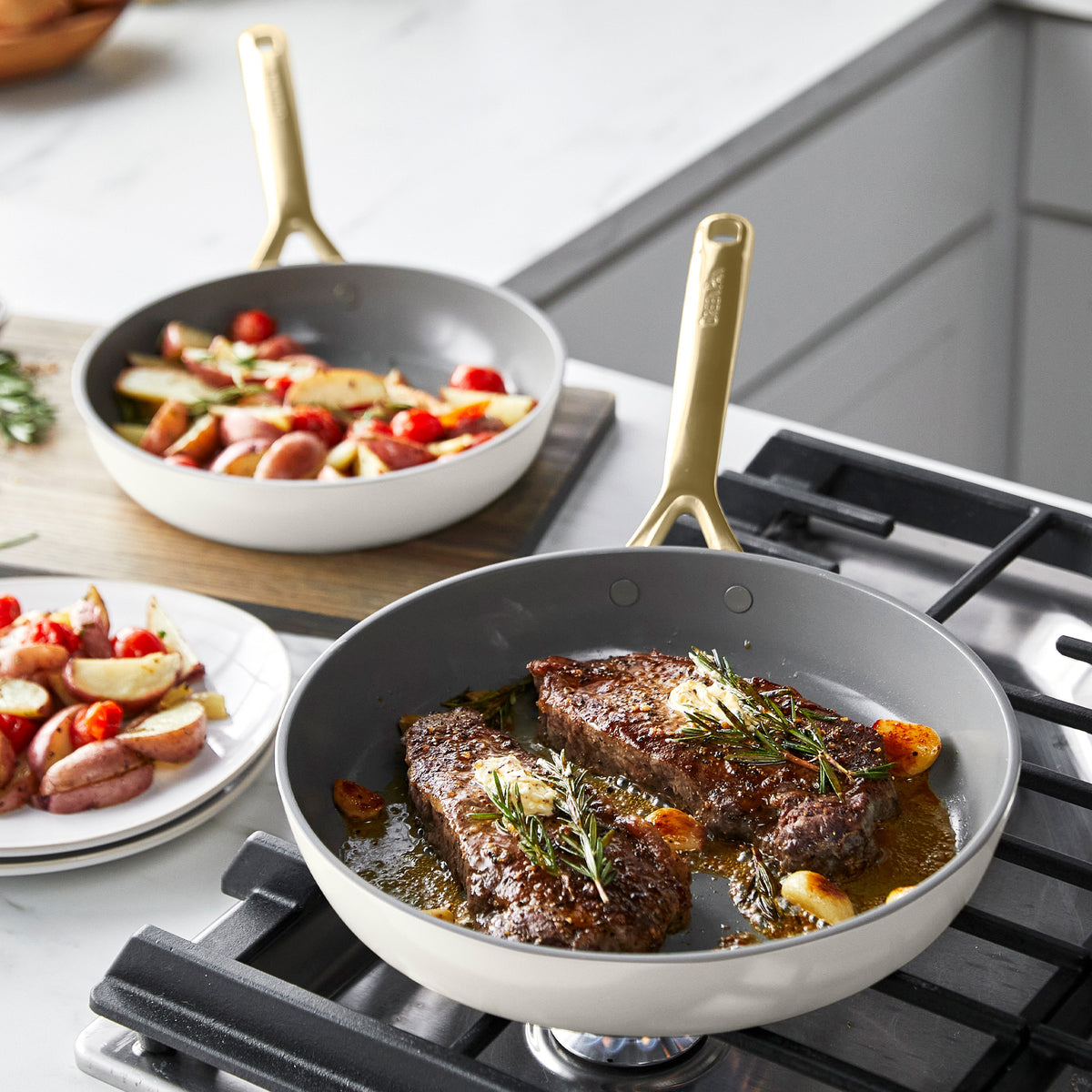 GP5 Colors Ceramic Nonstick 9.5 and 11 Frypan Set with Champagne Handles | Cloud Cream - Image 3