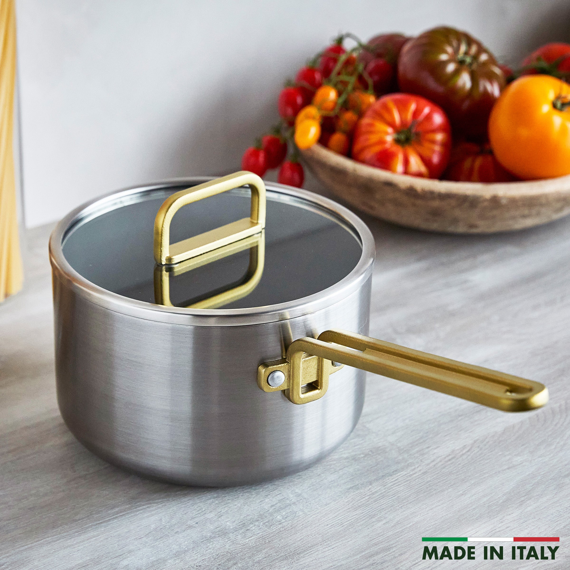 Stanley Tucci™ Stainless Steel Ceramic Nonstick 4-Quart Saucepan with Lid | Champagne Handles - Image 3