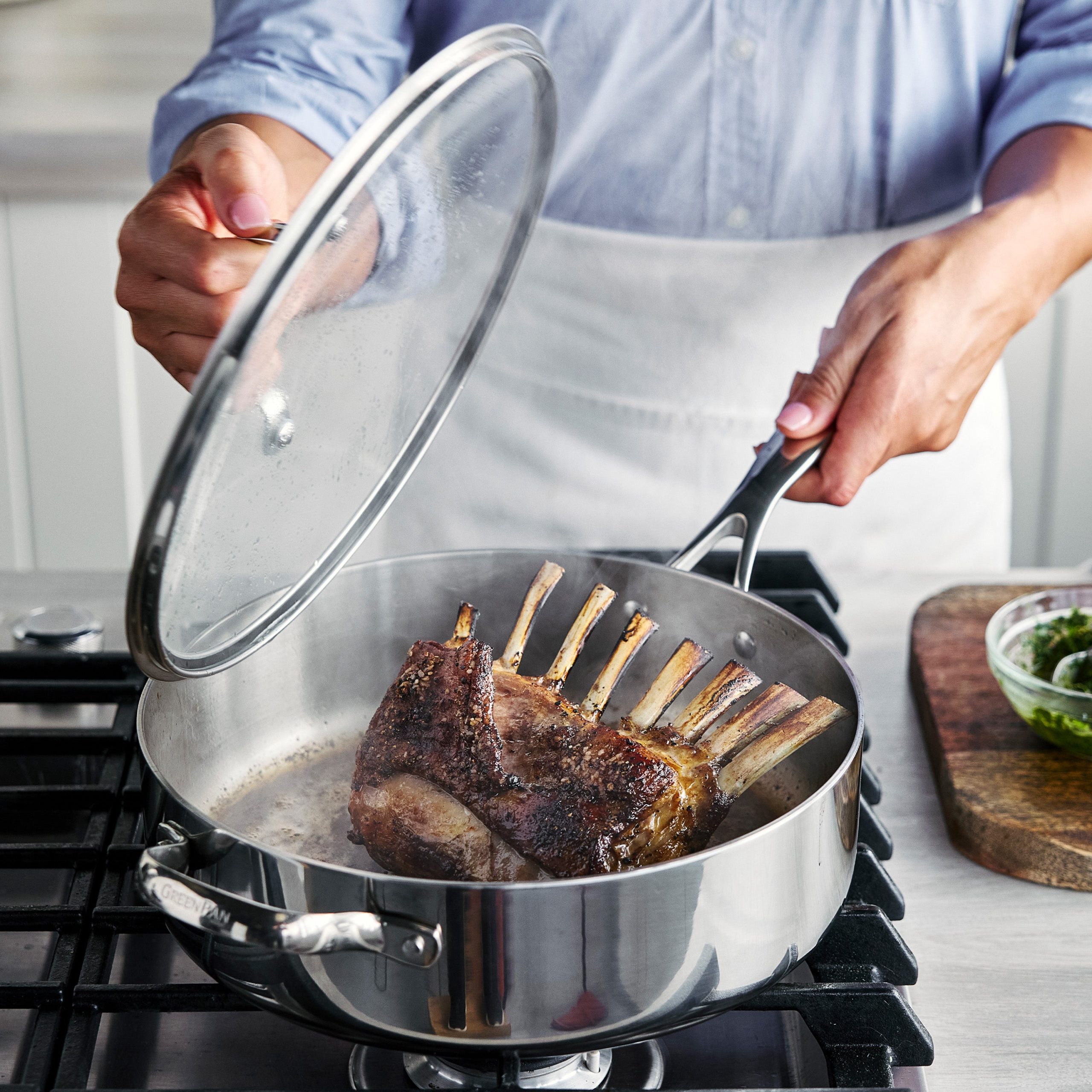 Valencia Pro Stainless Steel Uncoated 5-Quart Sauté Pan with Lid - Image 5