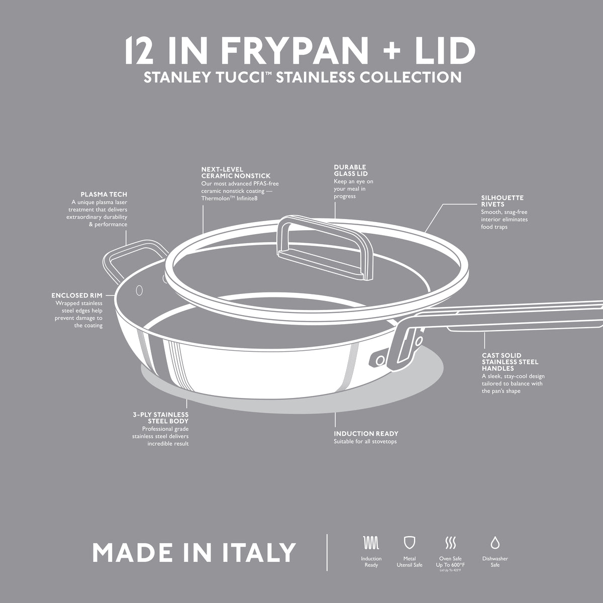Stanley Tucci™ Stainless Steel Ceramic Nonstick 12 Frypan with Lid | Champagne Handle - Image 10